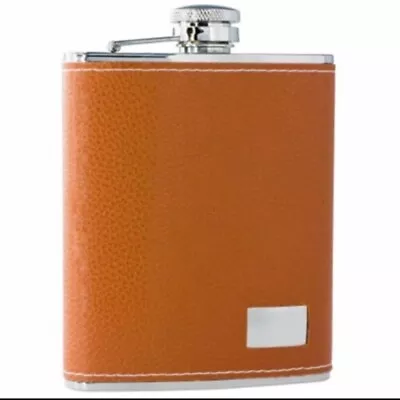 6 Oz. Stainless Steel Flask With Tan Leather Covering Captive Lid New In Box • $12