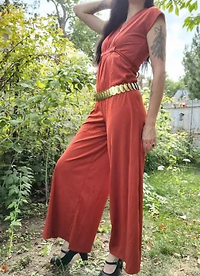 Vintage 70s Burnt Orange Disco Jumpsuit Wide Leg Boho Groovy Size S M • $59.99