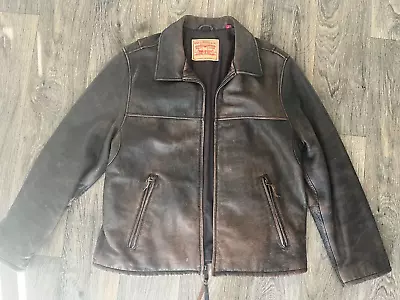 Vintage Red Label Levi Distressed Leather Jacket Brown Large Mens Bomber Coat • $199.99