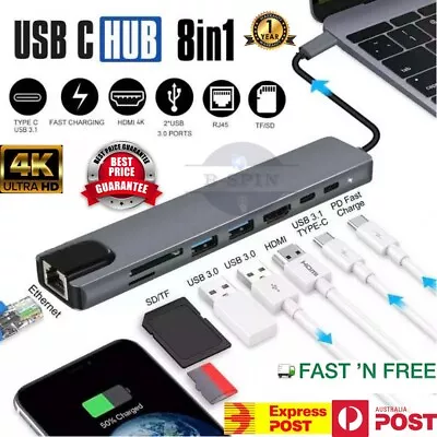 $17.99 • Buy 3/6/7/8 In 1 USB-C HUB Type-C Adapter MacBook/Windows Multi 3.0 4K HDMI Ethernet