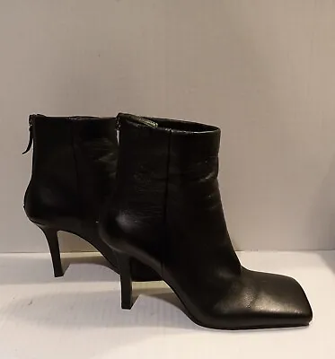 $74.99 • Buy Zara Black Leather Square Toe High Heel Ankle Boots Women's Size 39/US 8 EUC