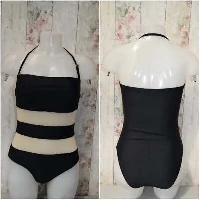 New Mesh Insert Halterneck Black Swimsuit Size Uk 12 / Eu 40 -  Sh67 • £4.99