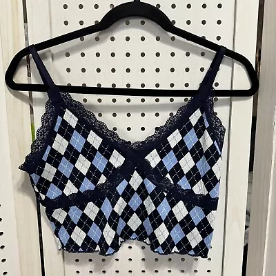 Divided H&M Bralette Tank Top Womens Size Medium Blue White Argyle Pattern • $12.99