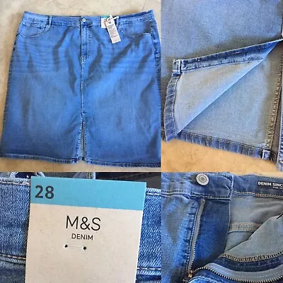 BNWT M&S Light Indigo Blue STRAIGHT Skirt Sz 28 L27” POCKETS Front Split CASUAL • £9.99