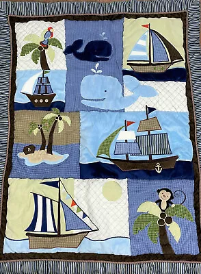 NoJo AHOY MATE Crib Bedding Blanket Pirate Ships Whales Boats Monkey 40 X32  • $24.75