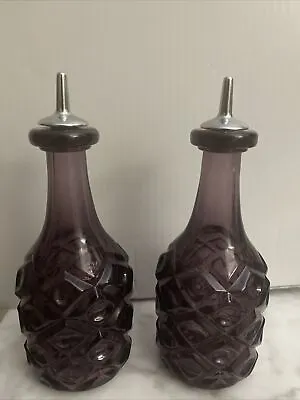 VINTAGE 8” Amethyst Viking Glass Diamond Cut Olive Oil Set Of 2 • $48