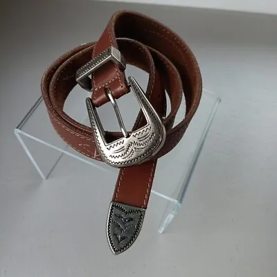 VTG Belt Womens Small Leather Western Silver Buck Catch And End Cowgirl Western • $21.99