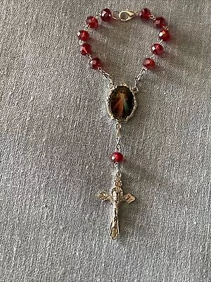 DIVINE MERCY/SAINT FAUSTINA Auto Rosary Red Glass Beads  | Silver Tone • $8.99