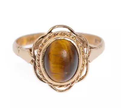 Vintage 9ct Gold Natural Tigers Eye Cabochon Ring With Decorative Mount 1970's • £195