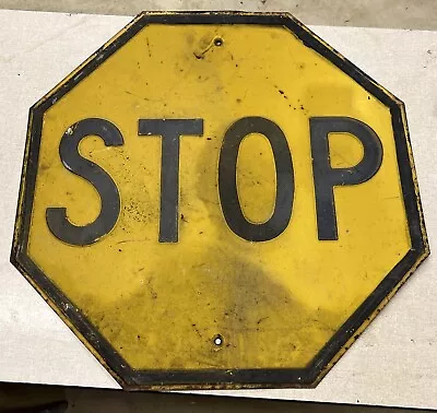 30” Stop Sign Black On Yellow Heavy Embossed Steel VTG • $196.99