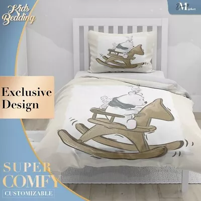 Bear Rocking Hourse Kids Animal Brown Duvet Cover Cotton Duvet Cover 2X Shams • $98.90