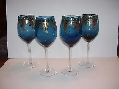 Vintage Venetian Gold Gilt Blue Glass Tall Stem Wine Goblets - Set 4 • $69.99