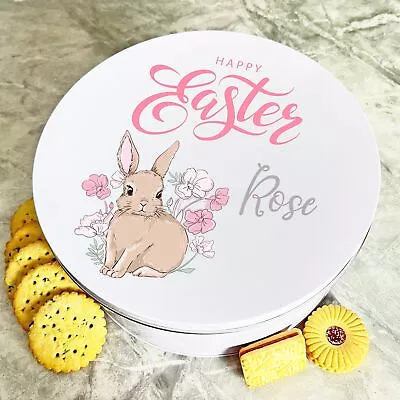 Easter Rabbit Pink Flowers Round Personalised Gift Biscuit Sweets Treat Tin • £16.11