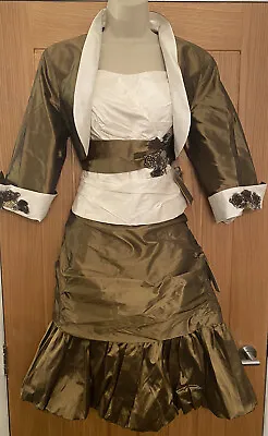 Linea Raffaelli Gold Sequinned Ruched Skirt Top & Bolero Size UK 12 38in  BNWT • £51.65