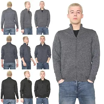 Mens Funnel Neck Long Sleeve Marl Ribbed Stretchy Casual Zip Up Sweater Cardigan • £6.99