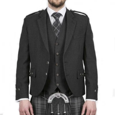 £59.99 • Buy Scottish Argyle Kilt Jacket & Vest  Charcoal Grey Pure Wool Mens Wedding Jacket 