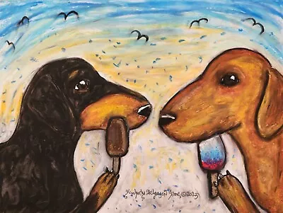 DACHSHUND With A Popsicle Folk Art Print 8 X 10 Signed By Artist KSams Dog Doxie • $25