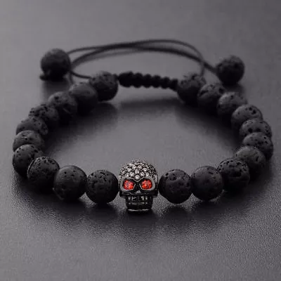 Charm Man's Lava Stone Zircon Black Skull Head Beads Braided Macrame Bracelets • $2.84