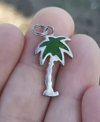 Vtg Sterling Silver 925 Palm Tree Charm Or Tiny Pendant Green Enamel Beach Cute • $16