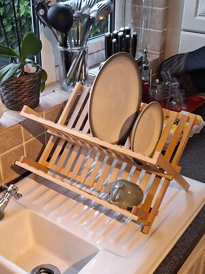 £6.99 • Buy Amazon Basics Bamboo Dish Drying Rack Wooden Dish Dryier Folding Round Bars Wood