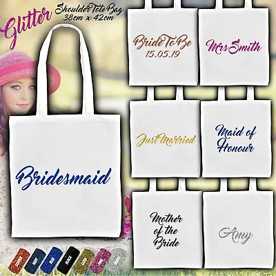 £5.29 • Buy 100% Cotton Personalised Glitter Wedding Shoulder Tote Bags Keepsake Gift Party