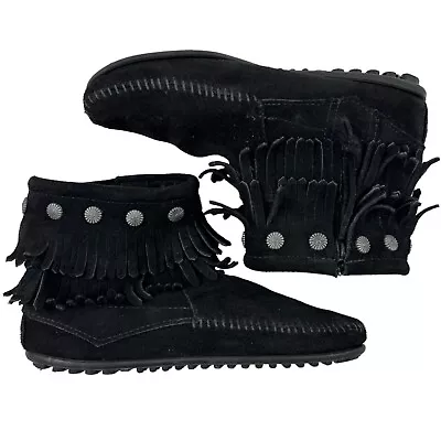 Minnetonka 699 Black Suede Boots Zipper Fringe Ankle Boots Booties Southwest 7 • $32.49