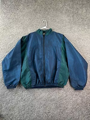 VINTAGE 90s Volley Jacket Mens XL/OS Blue Green Nylon Blend Windbreaker Coat • $23.99