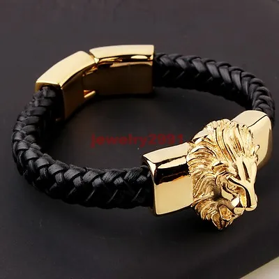 Men's Black Genuine Leather Bracelet Gold Plate Stainless Steel Animal Lion Head • $18.59