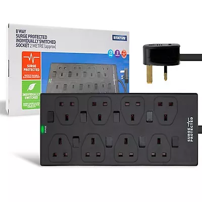  8 GANG WAY 2M METER SURGE PROTECTED SWITCHED EXTENSION LEAD UK MAINS - Status • £15.99