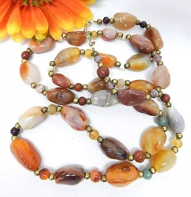 Vintage Brass Agate Jade & Carnelian Stone Bead Necklace 32  • $6.99