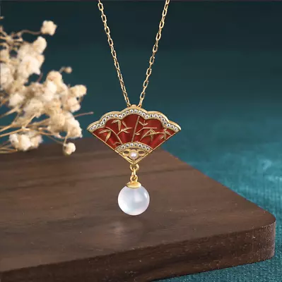 Jade Crystal Pendant Necklace Charm 18K Gold Plated Chain Fan Dainty Gemstone • $12.17