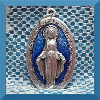 Catholic MARY Miraculous Medal Blue Enamel 1 3/4  English ITALY XL Large Italian • $3.95