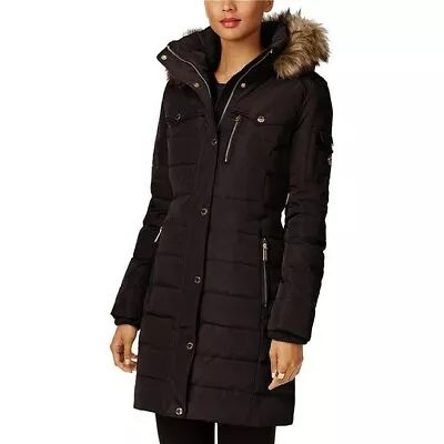 New $340 Michael Kors Mk Brown Down Fur Trim 3/4 Mid Puffer Jacket Coat Xxs • $86.99