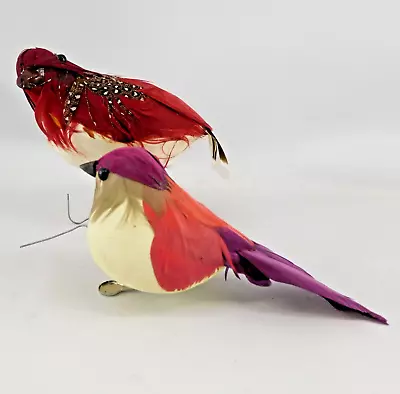 Bird Ornaments Real Feathers Mushroom Birds 2 Pcs Purple Clipon & Dark Red Wired • $9.87