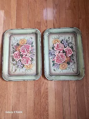 2 Vintage Green Metal Trays Floral Design • $20