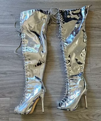 Women Liliana Peep Toe Stiletto Boot Size 9 Silver Bright  • $19