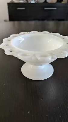 White Milk Glass Pedestal Bowl With Lace Design On Edges 7 Inches Round • $6.25