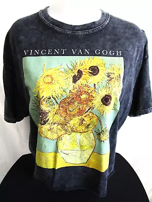 Vincent Van Gogh Sunflowers Black Acid Wash Cut Off Cropped T Shirt Women Sz L • $9.09