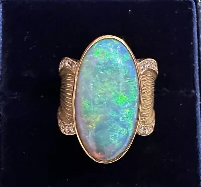 Vintage Oval Opal And Diamond Ring In 18k Yellow Gold - HM2570QS • $3500