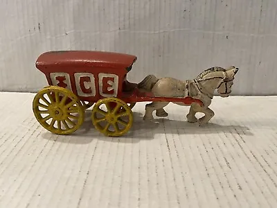 Vintage Cast Iron White Horse Drawn Red Ice Cart Buggy Wagon Toy 7.5” Long • $28.92