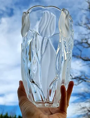 Vintage MIKASA Spring Tulip Design Crystal Glass Vase Frosted And Clear In Box!  • $27.95