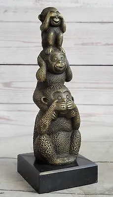 Hear-No See-No Speak-No Evil Monkeys Statue 100% Real Bronze Sculpture Sale NR • $259