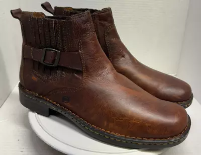 Born Mens 11 45 Chelsea Boots Brown Leather Round Toe Pull On Strap Buckle Shoes • $37.03