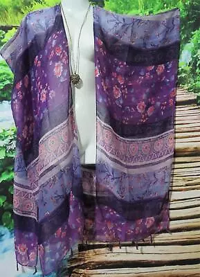 BOHO SEMI SHEER OPEN JACKET PURPLE MIX FLORAL KIMONO CARDIGAN  10 Up To 32 • $34.99