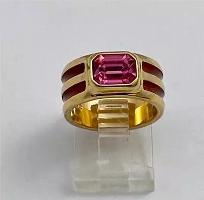 Vintage Joan Rivers Pink Emerald Cut Rhinestone & Enamel Gold Tone Ring Sz. 6 • $48