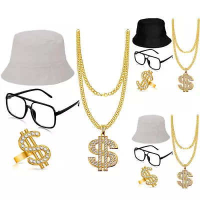 Hip Hop Costume Bucket Hat Glasses Gold Chain Ring 80s 90s Rapper Accessories • £13.69