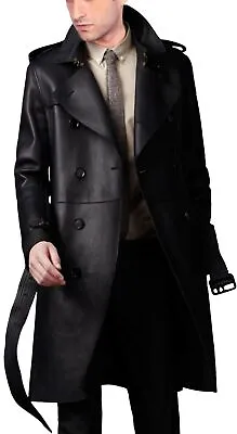 Men's Black Halloween Long Trench Coat Lamb Leather S M L XL XXL 3XL Custom Made • $275.20