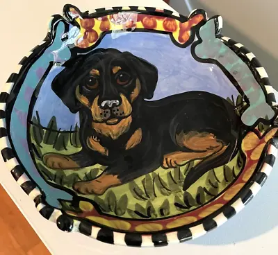 Art Pottery Dog Dachshund Bowl 8 Inch Hand Painted Artist Signed Colorful • $29.99