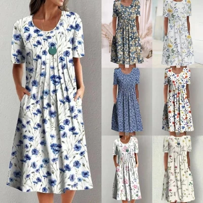 $12.31 • Buy Womens Short Sleeve Floral Midi Dress Ladies Casual Loose Pocket Pleated Dresses