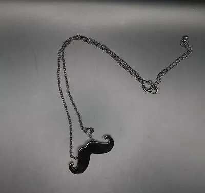 Vintage Black Enamel Moustache Necklace On Black Metal Chain Adjustable 18  #148 • $5.50